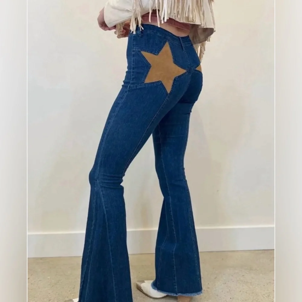 BAELEVY NWT faux dude star flare pants -blue/tan -large - Picture 7 of 10